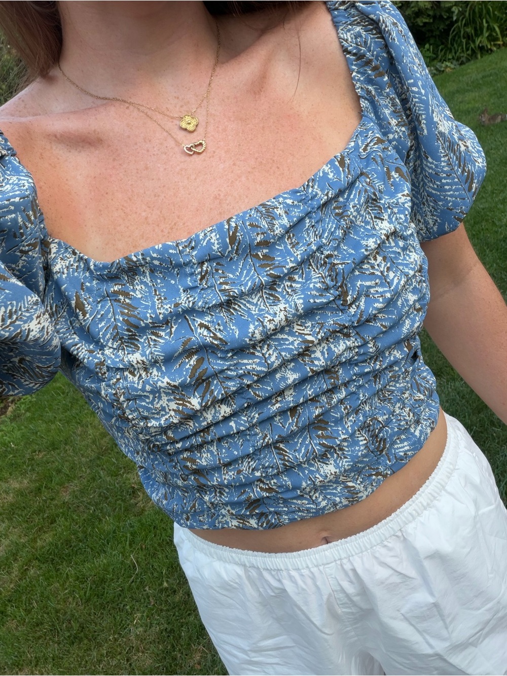 Blue Floral Smocked Square-Neck Crop Top